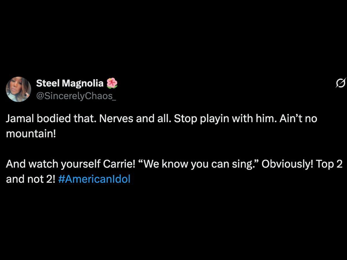 Netizens react to Carrie Underwood's critique of Jamal Roberts' performance (Image via X/@SincerelyChaos_)